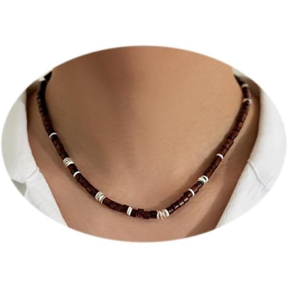 🆕 Men Brown Puka Shell Necklace Trendy Summer Beach Sea Beaded Hawaiian Jewelry